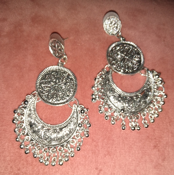 Bohemian Mandala Chandelier Earrings Silver Gypsy Filigree Lace New - Picture 2 of 9